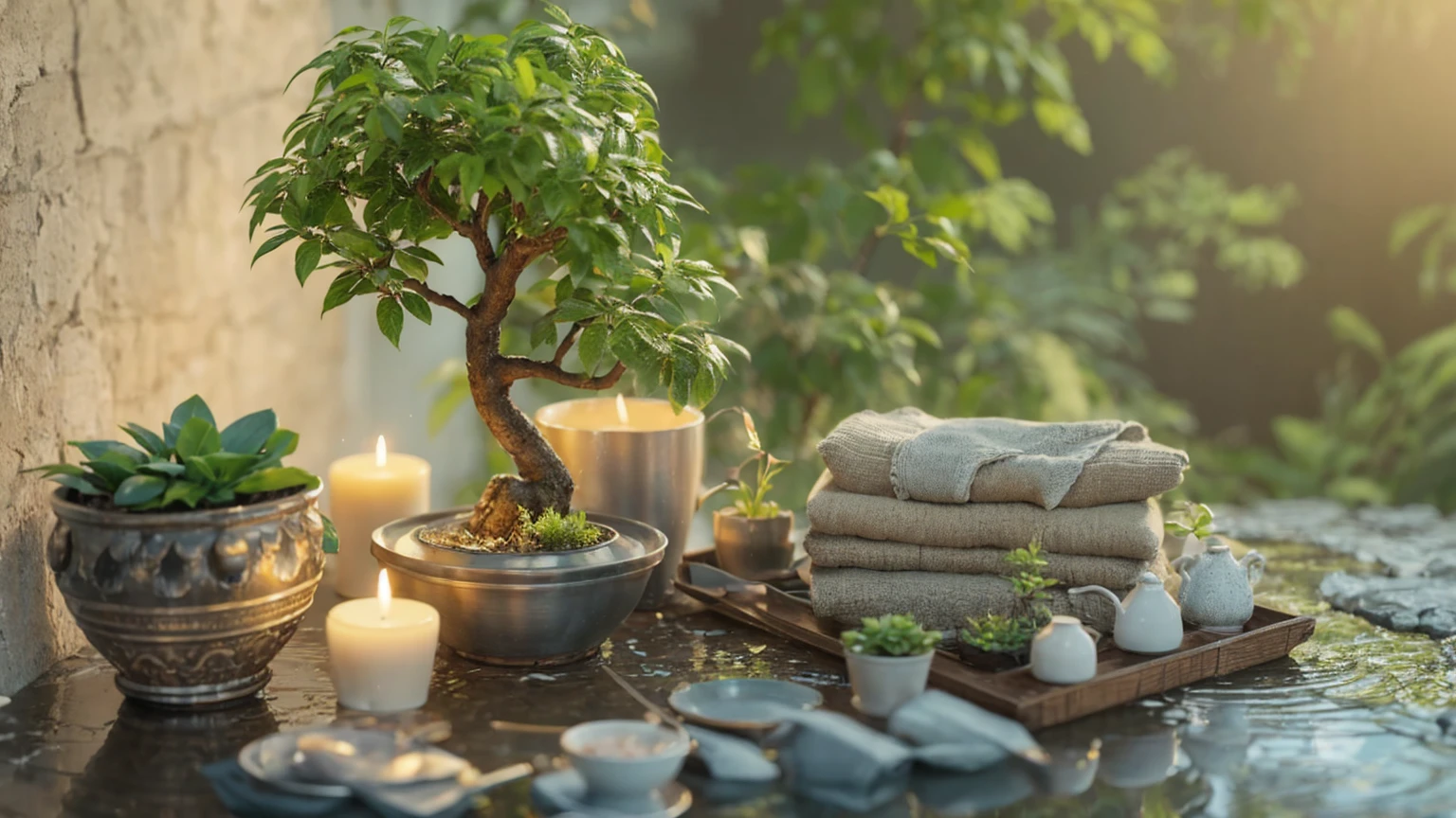 There are lots of candles and potted plants on the table., Zen Nature Background, lush plants and Potted plantss, Highly detailed scenes, Relaxing environment, Natural and realistic rendering, Quiet environment, 3D Stylized Scene, Relaxed atmosphere, High quality rendering, Potted plantsで作られた, Potted plants, Quiet and peaceful atmosphere, Cozy and serene atmosphere, Ultra-detailed scenes, Highly detailed rendering、８K