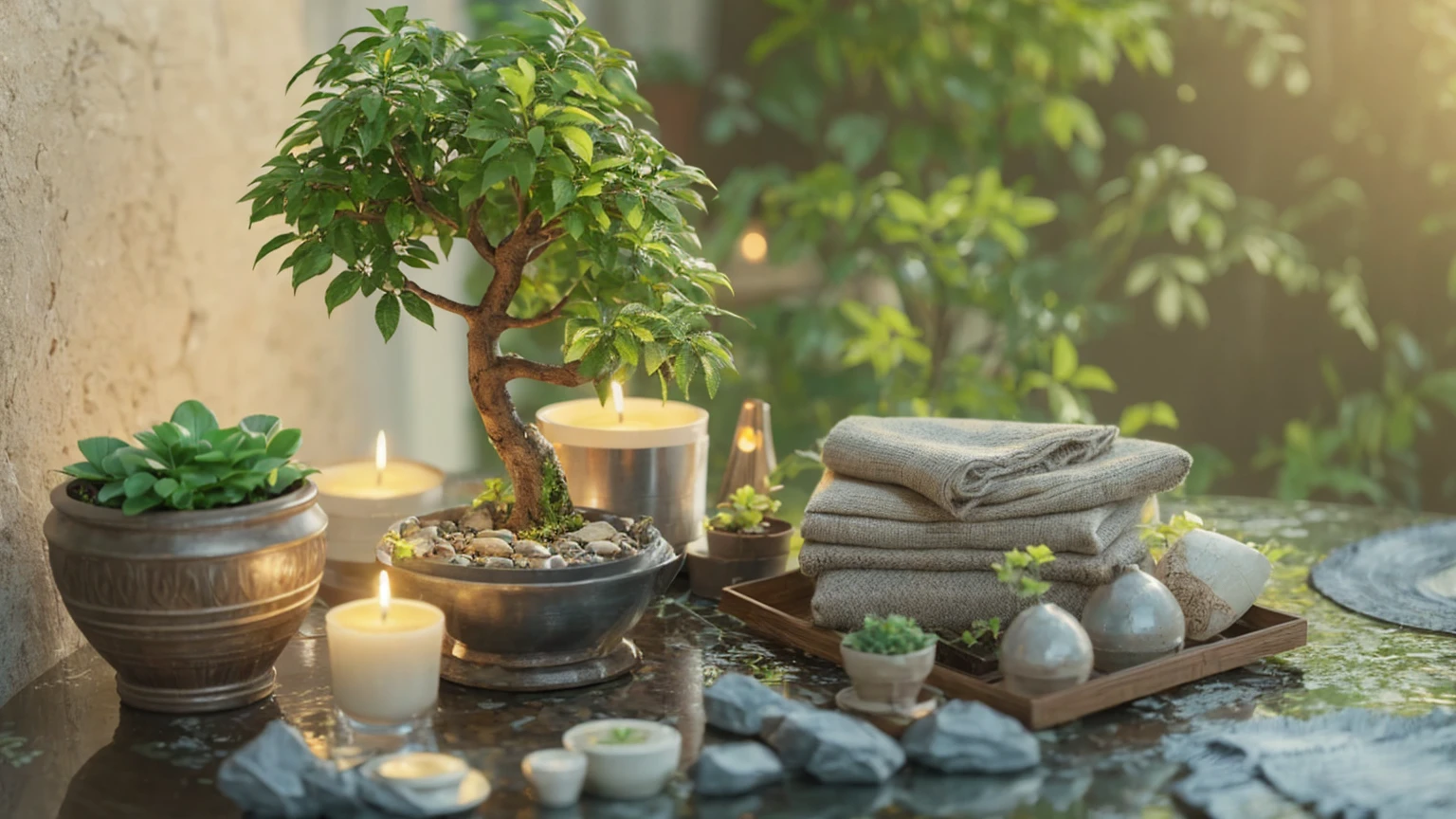 There are lots of candles and potted plants on the table., Zen Nature Background, lush plants and Potted plantss, Highly detailed scenes, Relaxing environment, Natural and realistic rendering, Quiet environment, 3D Stylized Scene, Relaxed atmosphere, High quality rendering, Potted plantsで作られた, Potted plants, Quiet and peaceful atmosphere, Cozy and serene atmosphere, Ultra-detailed scenes, Highly detailed rendering、８K