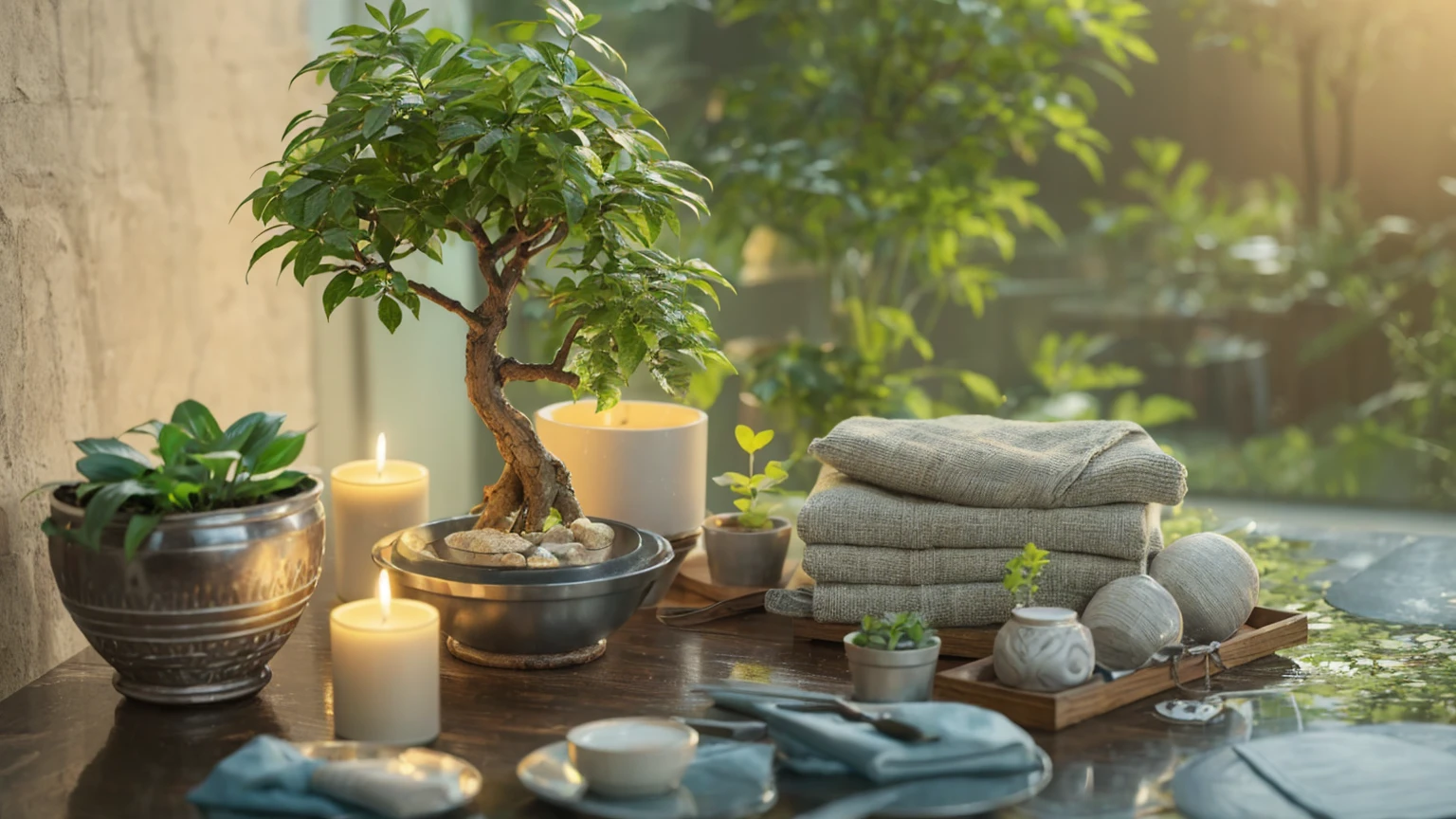 There are lots of candles and potted plants on the table., Zen Nature Background, lush plants and Potted plantss, Highly detailed scenes, Relaxing environment, Natural and realistic rendering, Quiet environment, 3D Stylized Scene, Relaxed atmosphere, High quality rendering, Potted plantsで作られた, Potted plants, Quiet and peaceful atmosphere, Cozy and serene atmosphere, Ultra-detailed scenes, Highly detailed rendering、8K