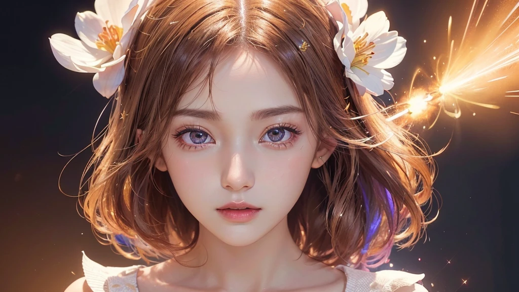 One girl, alone, flower畑, flower, (Official Art, unity 8k wallpaper, Super detailed, beautifully、aesthetic, masterpiece ,Highest quality:1.3), (Dynamic Angle:1.2), (Floating colorful sparkles:1) , elegant, Vibrant colors, Highly detailed face, Detailed eyes, Glowing Skin, Glossy Lips , Pale Orange Background,