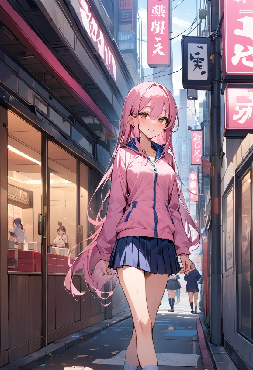 ((masterpiece,Highest quality:1.3,best quality illustration)),cowboy shot,独奏,1woman,((Mature Beauty)),pink hair,straight long hair,bangs,brown eyes,(gorgeous eyes),((very small head)),fun,smile,((very long body,skinny)),medium breasts,((Pink baseball jacket、Navy blue pleated mini skirt)),navy blue sports socks、White sneakers、walk、gleaming skin,oily skin,slender body,sweat,standing,on street,Shibuya Station、