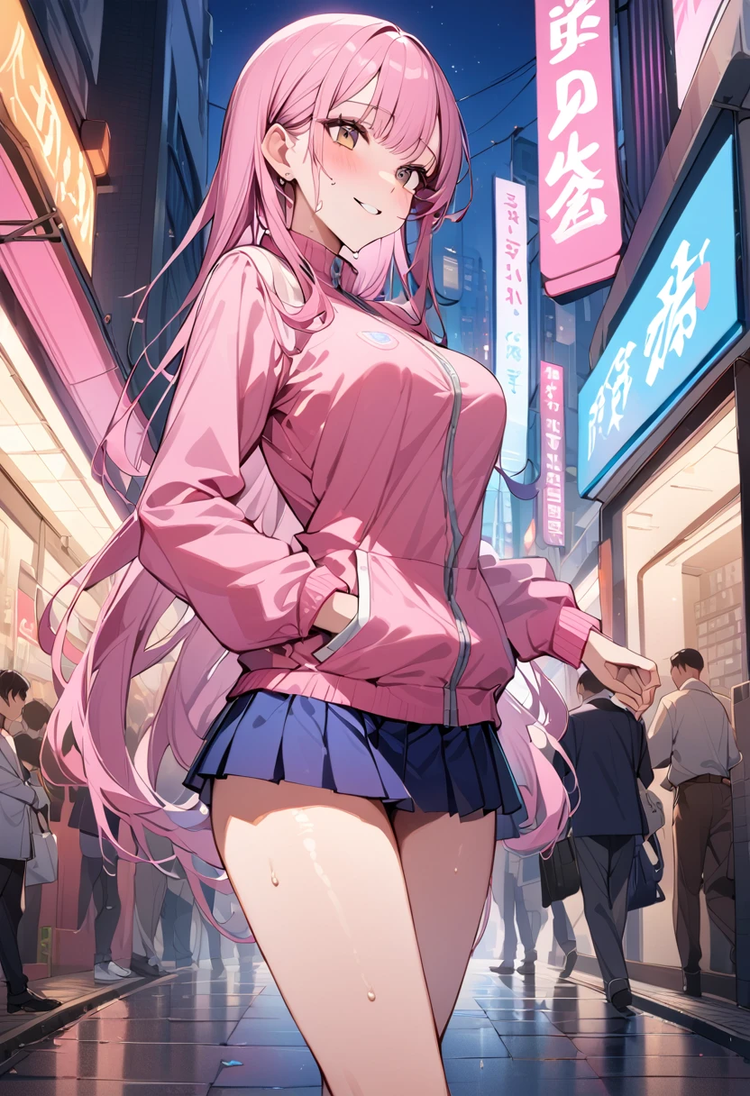 ((masterpiece,Highest quality:1.3,best quality illustration)),cowboy shot,独奏,1woman,((Mature Beauty)),pink hair,straight long hair,bangs,brown eyes,(gorgeous eyes),((very small head)),fun,smile,((very long body,skinny)),medium breasts,((Pink baseball jacket、Navy blue pleated mini skirt)),navy blue sports socks、White sneakers、walk、gleaming skin,oily skin,slender body,sweat,standing,on street,Shibuya Station、