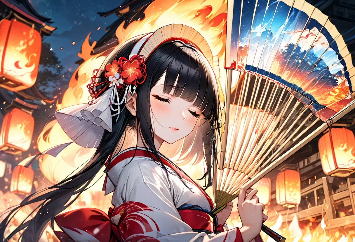 (profile, panoramic, beautiful style), (Kagura Dance), (solo:2, 15 yo), (beautiful blunt bangs:1.3) (beautiful detailed black hair, long hair) (shrine maiden sexy girl, sexy closed eyes, glossy lip), hand holding detailed biggest Folding fan with double exposure:1.3 green), break, in the night fire festival scaffold, BREAK, perfect anatomy, masterpiece, best quality, 16k, beautiful detailed campfire, daydreaming expression.