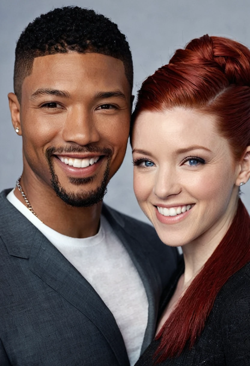 Valorie Curry and a handsome African American male whose facial features are a combo of Charles Michael Davis + Broderick Hunter + Nathan Mitchell pose together for a photo. Valorie has long red hair. Both are smiling. Both are attired attractively but casually for a date. Valorie has lovely makeup on her face. Daytime. Romantic ambiance. Symmetrical eyes. Symmetrical faces. Lovely details. Photorealistic. Full-colored photo. Professional photo. Highly detailed 8K.