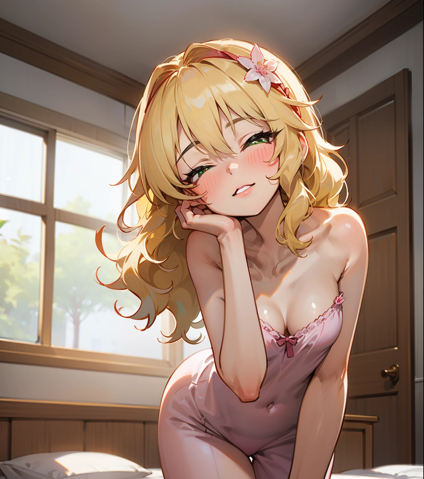 masterpiece,best quality, ultra-detailed,1girl(sakurai momoka, lovely small breasts, naked  body, wavy hair, long hair, blonde hair,  headband, pink flower in hair,green eyes,  half-closed eyes), a charming face,   parted lips, nose blush, blush, facing viewer , looking at viewer, head tilt, solo, pajama,  cleavage,  in the bedroom, night time, standing, seductive,  a seductive  pose , from_below 