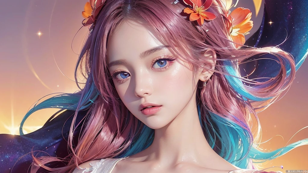 One girl, alone, flower畑, flower, (Official Art, unity 8k wallpaper, Super detailed, beautifully、aesthetic, masterpiece ,Highest quality:1.3), (Dynamic Angle:1.2), (Floating colorful sparkles:1) , elegant, Vibrant colors, Highly detailed face, Detailed eyes, Glowing Skin, Glossy Lips , Pale Orange Background,