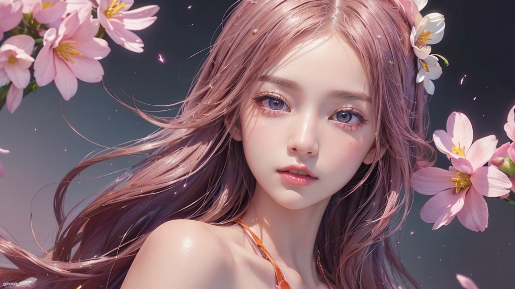 One girl, alone, flower畑, flower, (Official Art, unity 8k wallpaper, Super detailed, beautifully、aesthetic, masterpiece ,Highest quality:1.3), (Dynamic Angle:1.2), (Floating colorful sparkles:1) , elegant, Vibrant colors, Highly detailed face, Detailed eyes, Glowing Skin, Glossy Lips , Pale Orange Background,