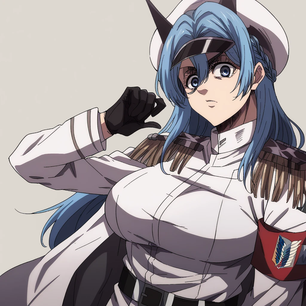 singeki_no_kyojin_s4_style, helmdef, blue hair, long hair, braid, peaked cap, blue eyes, epaulettes, military uniform, white jacket, armband, black gloves, belt, large breasts, standing, looking at viewer, hair intakes, 