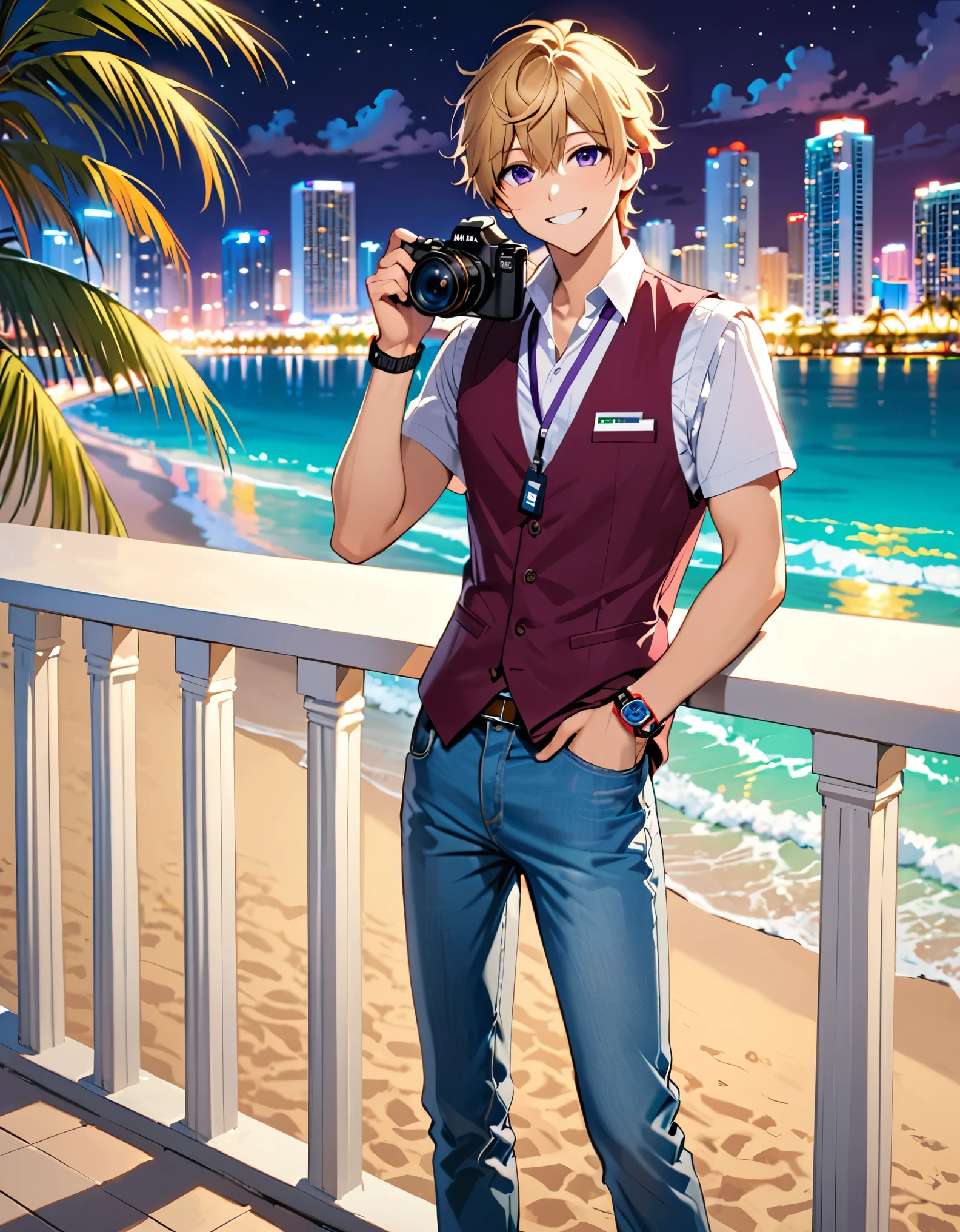 (masterpiece), (best quality), (hires), 1boy, blonde hair, purple eyes, (lora:perfect hands:1), holding camera, full body, male focus, jeans, shirt, shoes, smile, solo, standing, watch, wristband, wristwatch, sleeveless vest, reporter, photographer, reporter's ID card hanging on his neck, age 22, charming smile, cute face, leaning near a balcony railing, Miami beach backdrop, night, outdoors, festive atmosphere, cowboy shot, relaxed pose, smooth lighting.