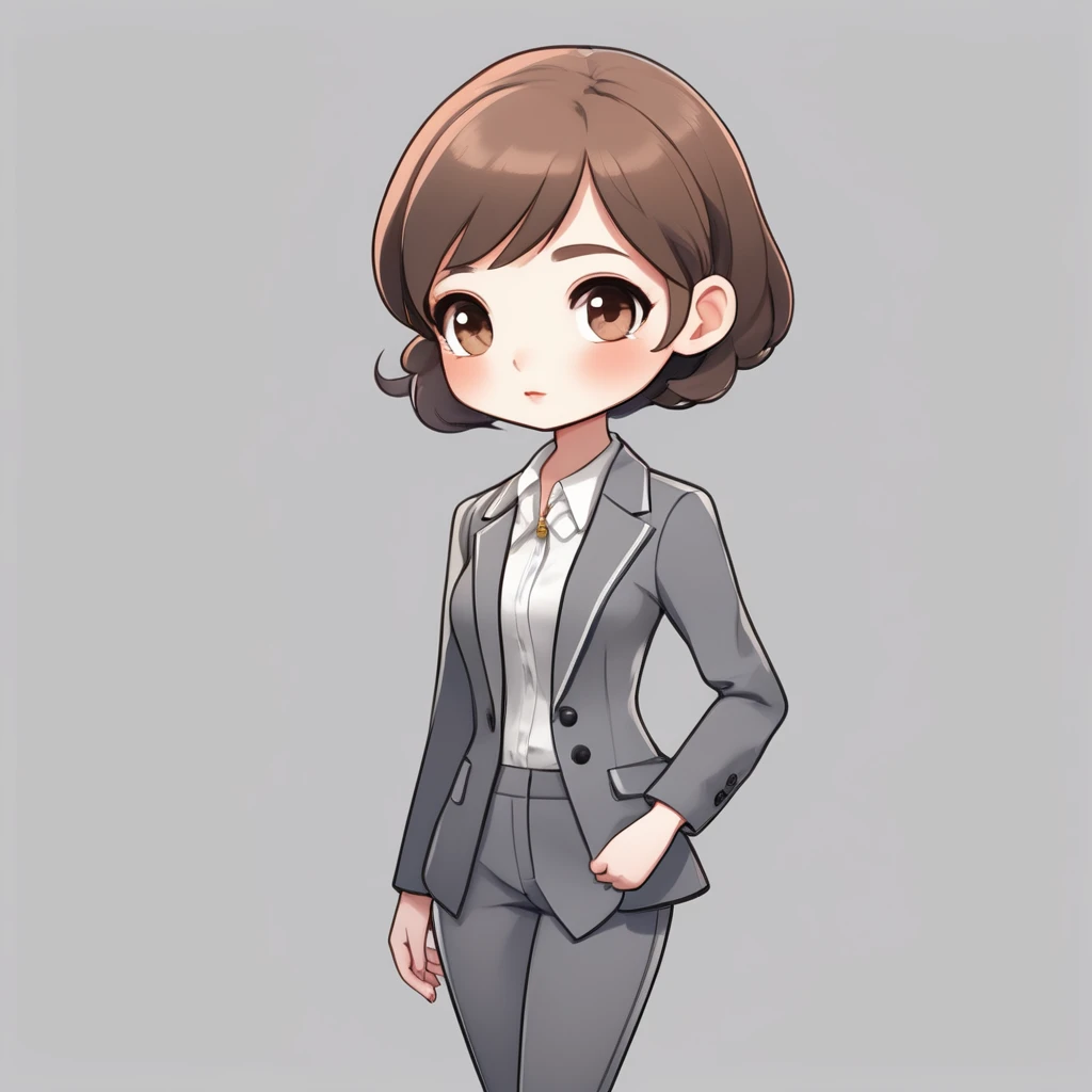 masterpiece, Highest quality, Very detailed,1 girl ,(chibi avatar:1.4),((Flat Design)),simple background,((full body)), standing,(((forehead))),(very short hair:1.3),((extra short)),brown hair,black eyes,((whitetunic blouse)),office lady,(gray blazer:1.5),(gray pants:1.2)