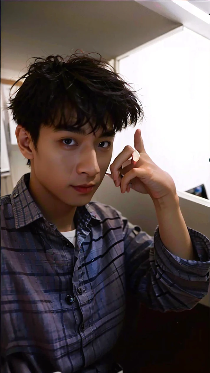 best quality, ultra high res, (photorealistic:1.4), masterpiece, Kodak portra 400, film grain, blurry background , bubble tea shop, solo,1 boys,Young man ,white skin, double eyelids,Crew cut,white t-shirt, posing, looking at viewer ,face focus,