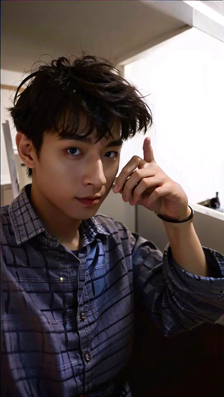 best quality, ultra high res, (photorealistic:1.4), masterpiece, Kodak portra 400, film grain, blurry background , bubble tea shop, solo,1 boys,Young man ,white skin, double eyelids,Crew cut,white t-shirt, posing, looking at viewer ,face focus, 