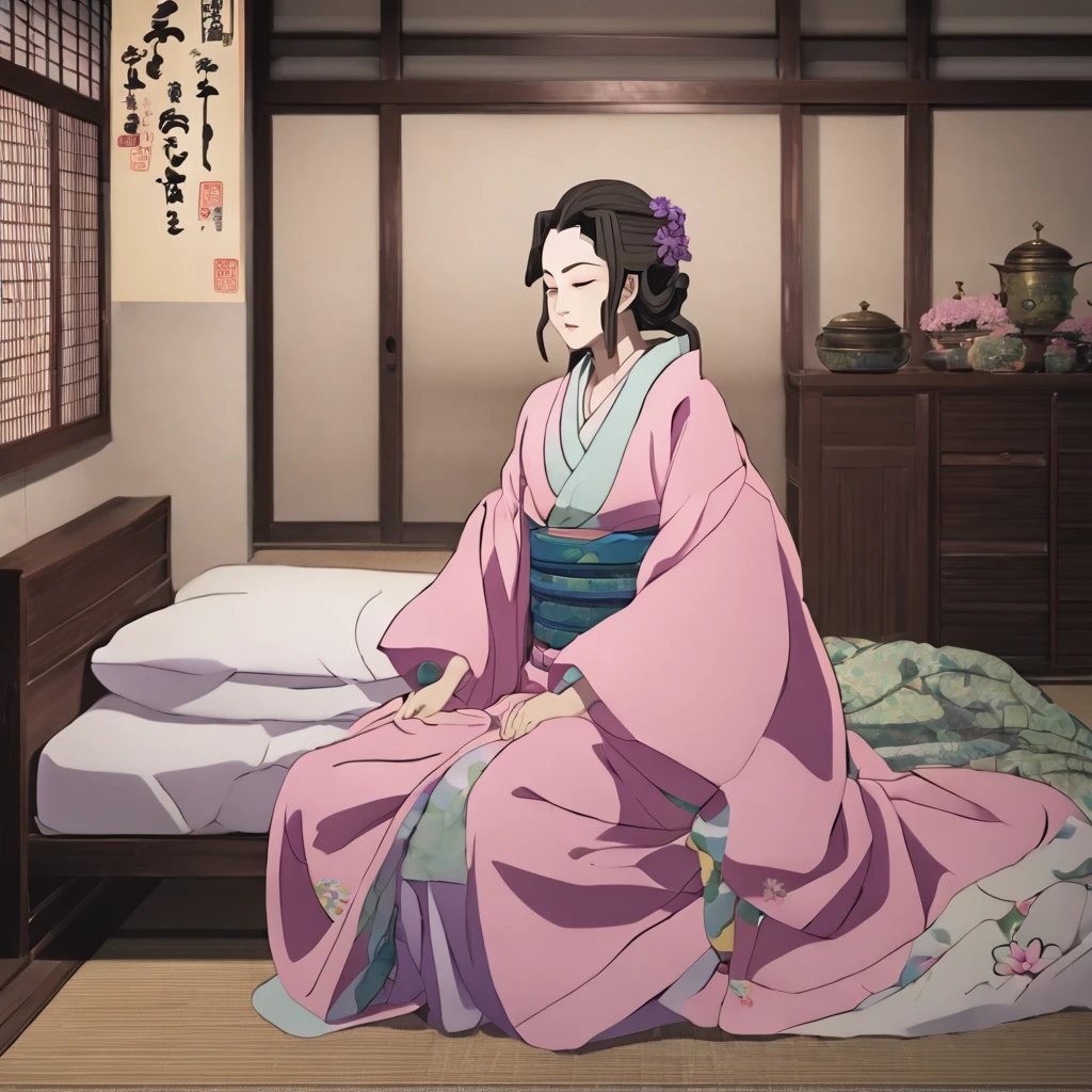 Kanroji Mitsuri, she is sleeping in her bed without sheets, she sleeps on her side