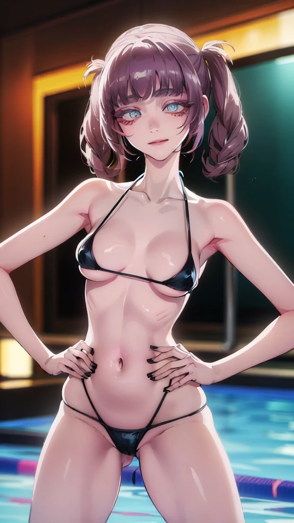 Nanakusa nazuna (Call of the night), Fleshy thighs, Instagram pose,Dynamic angle, Show armpits, ((Micro bikini)), Nipples, C cup, Happy expression, (Entire body image:1.5), (8K, Best quality, A high resolution:1.35), (RAW photo:1.2), (Photorealistic:1.37), (Masterpiece: 1.25), Dramatic lighting, Photon maping, Symmetry, Complexity, Elegance, (1 girl), Large of breast, Long eyelashes, Detailed eyelashes, Eye shadows, Glowing eyes, ((Natural makeup, Clear facial features)), ((Curvy build, Showing stomach)), ((Fine detailed beautiful eyes: 1.2)), Bad girl, Erotic, ((Pool background, Night))