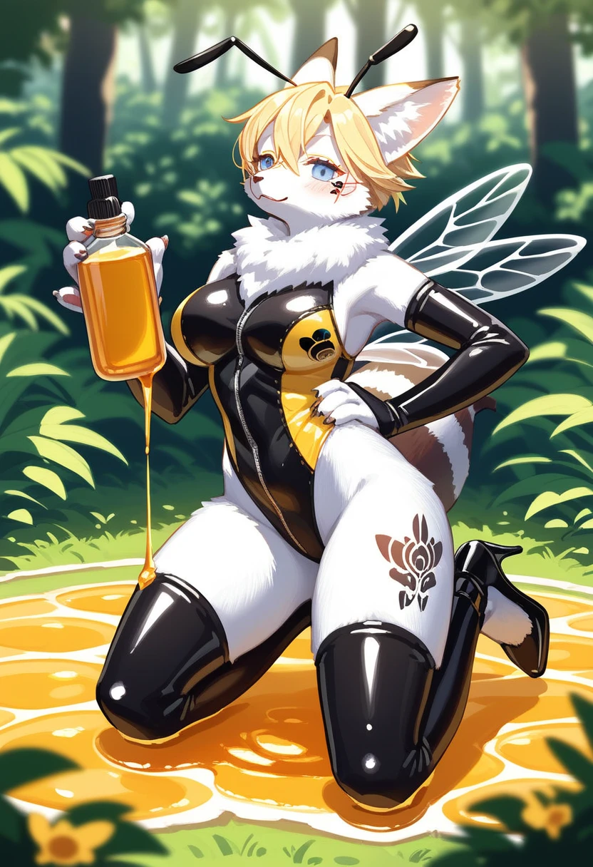 Highest quality, Highest quality, High quality illustrations, masterpiece, Ultra-high resolution, Detailed Background, beeの巣, bee蜜のプール, in the forest, Absurd, Perfect Anatomy, performance, Good lighting, Shadows in the movies(kemono, Furry Personifi猫ion), bee, Honey Latex, bee蜜のローション, neon, neonカラー, cyber punk, 蜜beeの衣装, 蜜beeコスプレ, ラバーの蜜beeの尻尾, Bee Wings, Honey Lotion, bee蜜のプール, bee蜜のローションを浴びている, bee蜜のスライムを纏っている, Kneeling, Tattoo, High heels, Lying down, Dynamic Angle