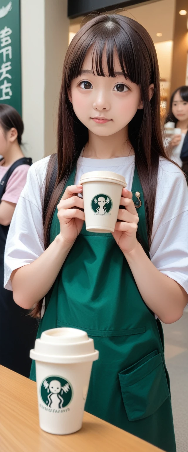A lady holding a cup of coffee, Anime girls in real life, realistic Young anime girl, portrait of Cute anime girl, Cute and natural anime face, Kawaii realistic portrait, Realistic anime 3D 风格, Cute kawaii girl, Charming anime girl, Realistic anime, mysterious coffee shop girl, Young anime girl, Cute anime girl, long hair anime girl