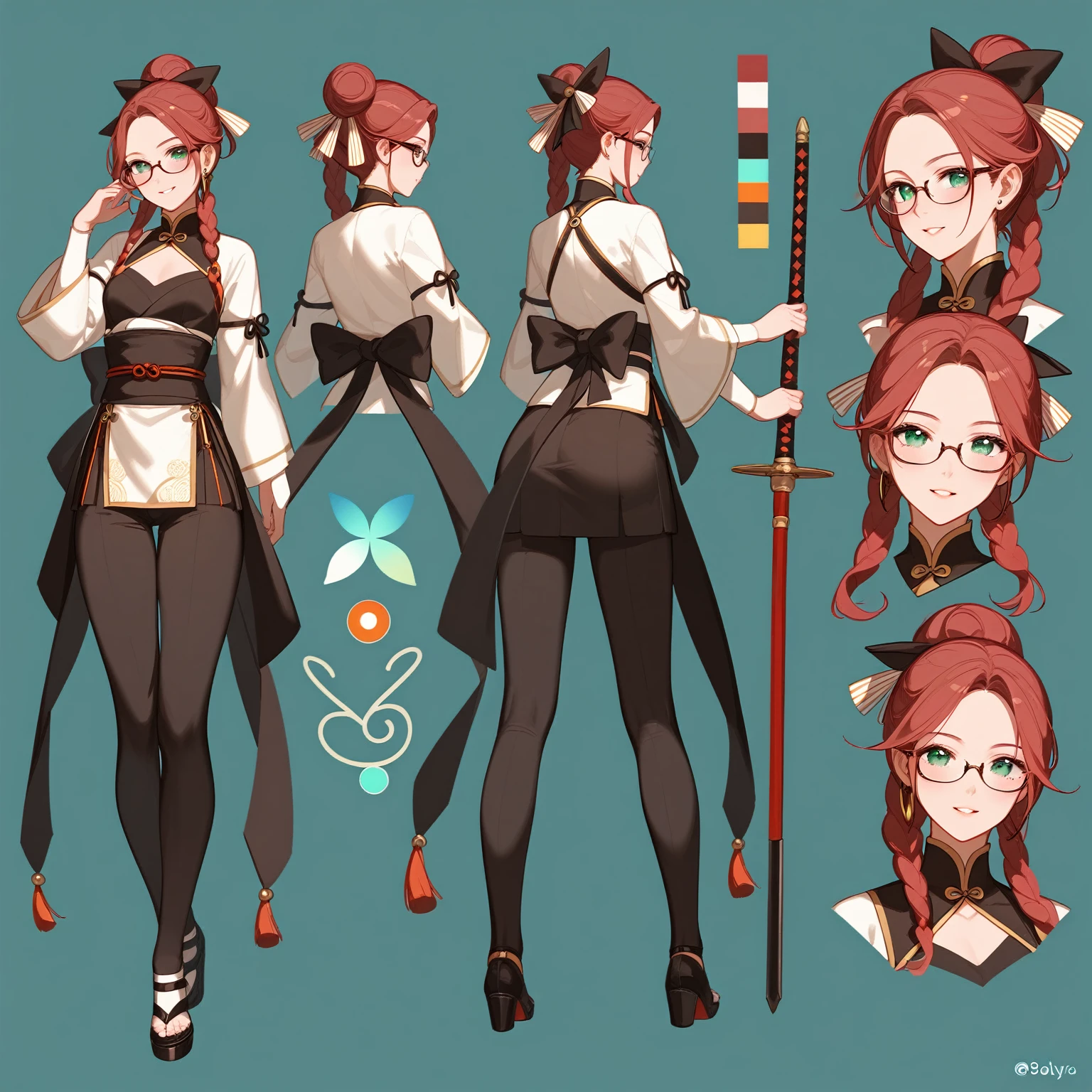 Highest quality, Ultra-detailed CG Unity 8k Wallpaper, Beautiful details、Droopy eyeysterious、Glasses、Small breasts、Listless、whole body画、Front view、Character Sheet、Mr.々A pose、whole body、Game setting materials、Character portrait、Standing posture、Matcha green