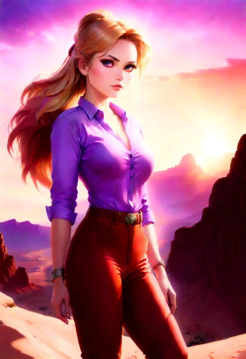 an oil painting of woman cowboy standing on the desert mountain at sunset, watching the desert canyon, an exquisite beautiful woman, most beautiful woman, blond hair, long hair, in a pony tail, ultra detailed face, best detailed face, wearing button shirt, dynamic color, small cleavage, wearing trousers, dynamic color, wearing high heeled boots, (silhouette art: 1.3), she has a lasso, sun set, sun rays, sky in shades of purple, red, orange and yellow. vibrant colors of sky, Hyperrealism style, vibrant, Ultra-high resolution, High Contrast, (masterpiece:1.5), highest quality, Best aesthetics), best details, best quality, highres, ultra wide angle, 16k, [ultra detailed], masterpiece, best quality, (extremely detailed) RAW, chumbasket art style, oil pastel, silhouette
