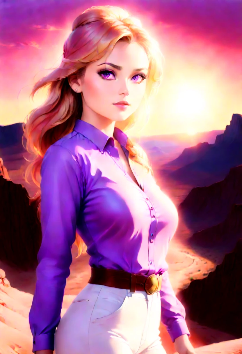 an oil painting of woman cowboy standing on the desert mountain at sunset, watching the desert canyon, an exquisite beautiful woman, most beautiful woman, blond hair, long hair, in a pony tail, ultra detailed face, best detailed face, wearing button shirt, dynamic color, small cleavage, wearing trousers, dynamic color, wearing high heeled boots, (silhouette art: 1.3), she has a lasso, sun set, sun rays, sky in shades of purple, red, orange and yellow. vibrant colors of sky, Hyperrealism style, vibrant, Ultra-high resolution, High Contrast, (masterpiece:1.5), highest quality, Best aesthetics), best details, best quality, highres, ultra wide angle, 16k, [ultra detailed], masterpiece, best quality, (extremely detailed) RAW, chumbasket art style, oil pastel, silhouette
