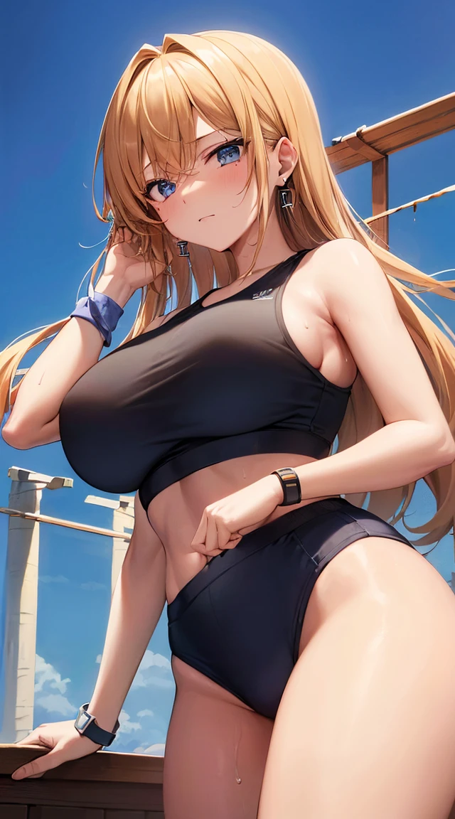 top-quality、Top image quality、masterpiece、girl with((18year old、Sportswear、Black Sports Bra、blue short pants、Best Bust、Bust 85、a blond、Longhaire、Blue eyes、open chest wide、Valley、Happiness、Black wristband on wrist、A slender、Slouched、earrings、The wind blows、Sweating、Extend your right hand))hiquality、visualart、Background with((Gymnasium))、masutepiece、