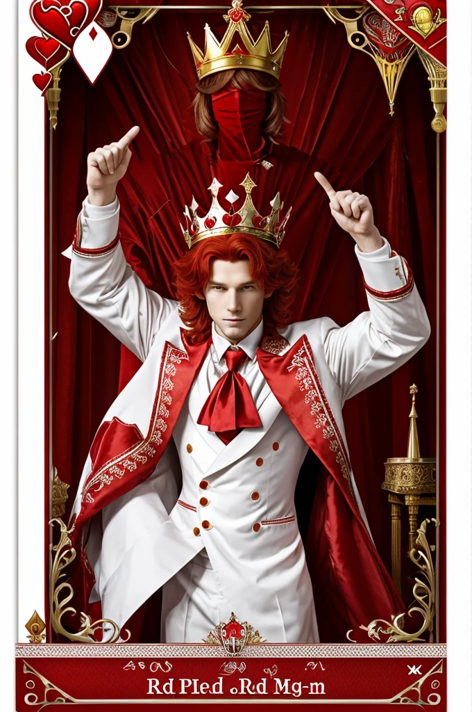 Make a red king like the one from Alice in Wonderland with the following characteristics. be a 20 year old man, Let the complete Body come out, Red hair, White skin, extravagant red royalty costume. The suit must have a design with red hearts type poker cards. Red shoes with poker design, and a shiny crown not so big