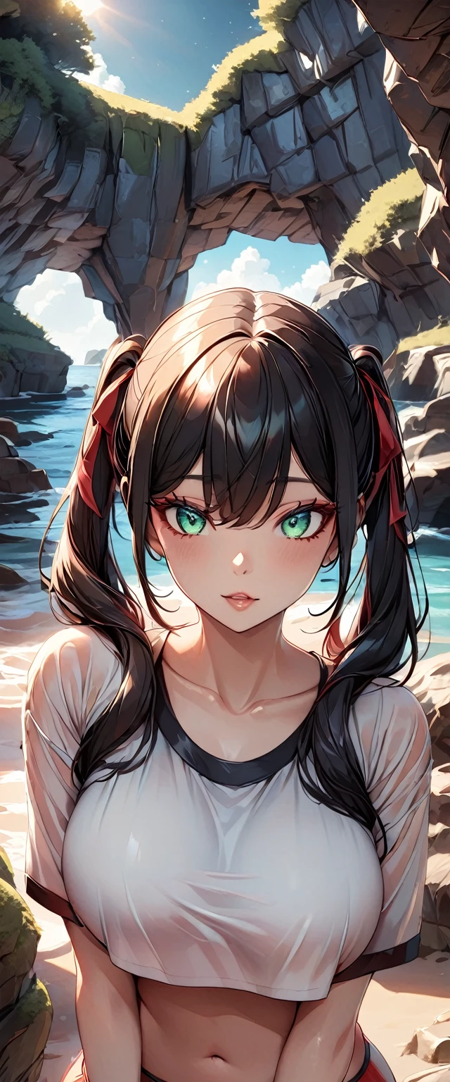 Photo of a woman with natural skin, Baby Face, Small face, A woman wearing mainly black and red, Upper Body, Seaside cave, The light is shining in, High Twintails, Black hair with red mesh, Sharp eyes with red eyeshadow, Blue-green eyes, Shining eyes, A thin, upturned nose, Well-shaped lips, Big Breasts, ((crop top overhang, Thighs, Glamour body)), Makeup, Exquisitely crafted with the utmost attention to detail, Vibrant, amazing, Smooth, Cinematic, 4K, Backlight, (()), Shallow depth of field, ((Detailed eyes:1.3, Detailed lips:1.3, high quality, )), masterpiece, Super detailed images, High quality