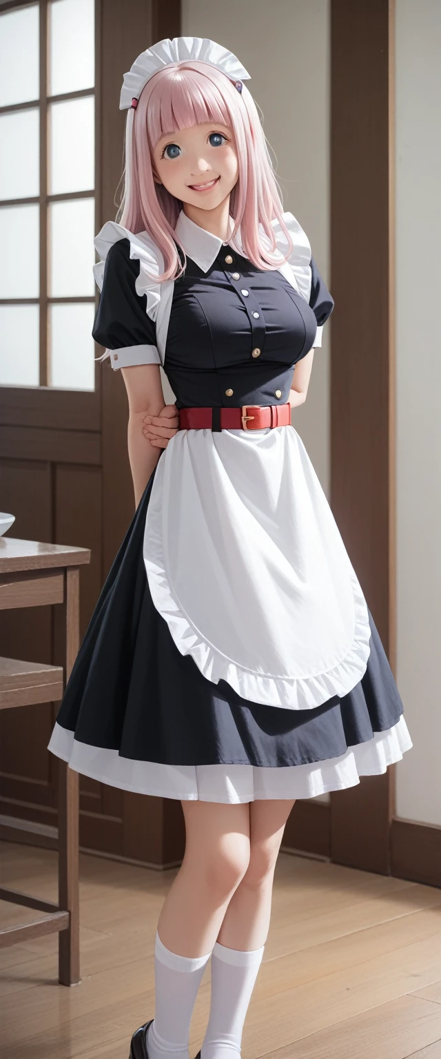 masterpiece, best quality, high resolution, 1After, Fujiwara Chika, maid dress, breast, Red belt, Bangs, large breast, Cowboy shooting, Smile, indoors, Sexy pose, breast露出, maid, Ming Daofu, black maid dress, Apro, maid Apro, mini skirt, 吊Socks带, Socks, Put your hands behind your back,