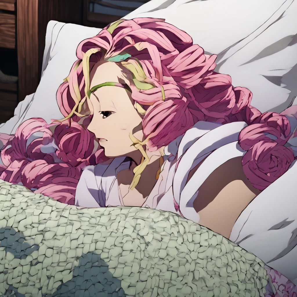 Kanroji Mitsuri/Kanroji Mitsuri Demon Form LORA - Kimetsu No Yaiba - Demon Slayer / Demon slayer - [PonyV6/AutismMixXL], she is sleeping in her bed without sheets, she sleeps on her side