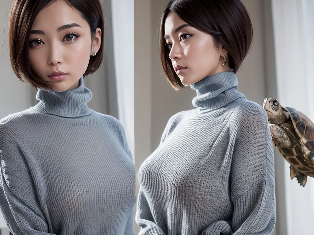 (((masterpiece, best quality,ultra-detailed,8k,high resolution))), (upper body),24 years old ,Japanese girl, 1girl, short hair, (Cover half face with a turtleneck sweater:1.7),grabbing turtleneck collar