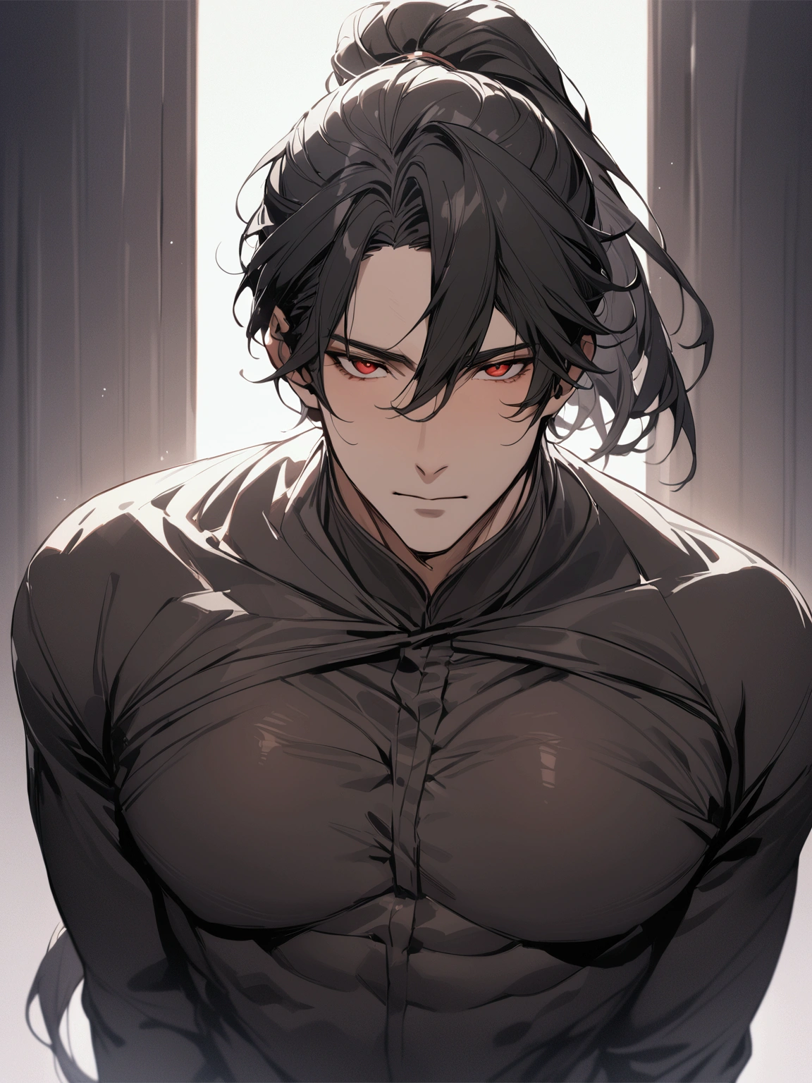 ((masterpiece)), ((best quality)), (close-up:1.2), (from front:1.36), (half-body shot:1.4), 1man, adult male, mature male, solo, ponytail tied long black hair, red eyes, plain royal black cloak covering the body, looking at viewers