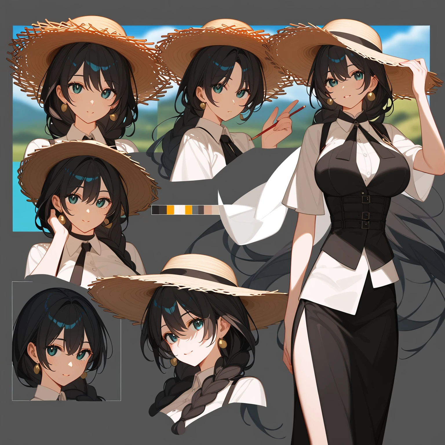 Highest quality, Ultra-detailed CG Unity 8k Wallpaper, Beautiful details、kind、Straw hat、older sister、Black Hair、Large Breasts、Droopy eyes、Tolerant、summer、田舎のolder sister、whole body画、Front view、Character Sheet、Mr.々A pose、whole body、Character portrait、Standing posture
