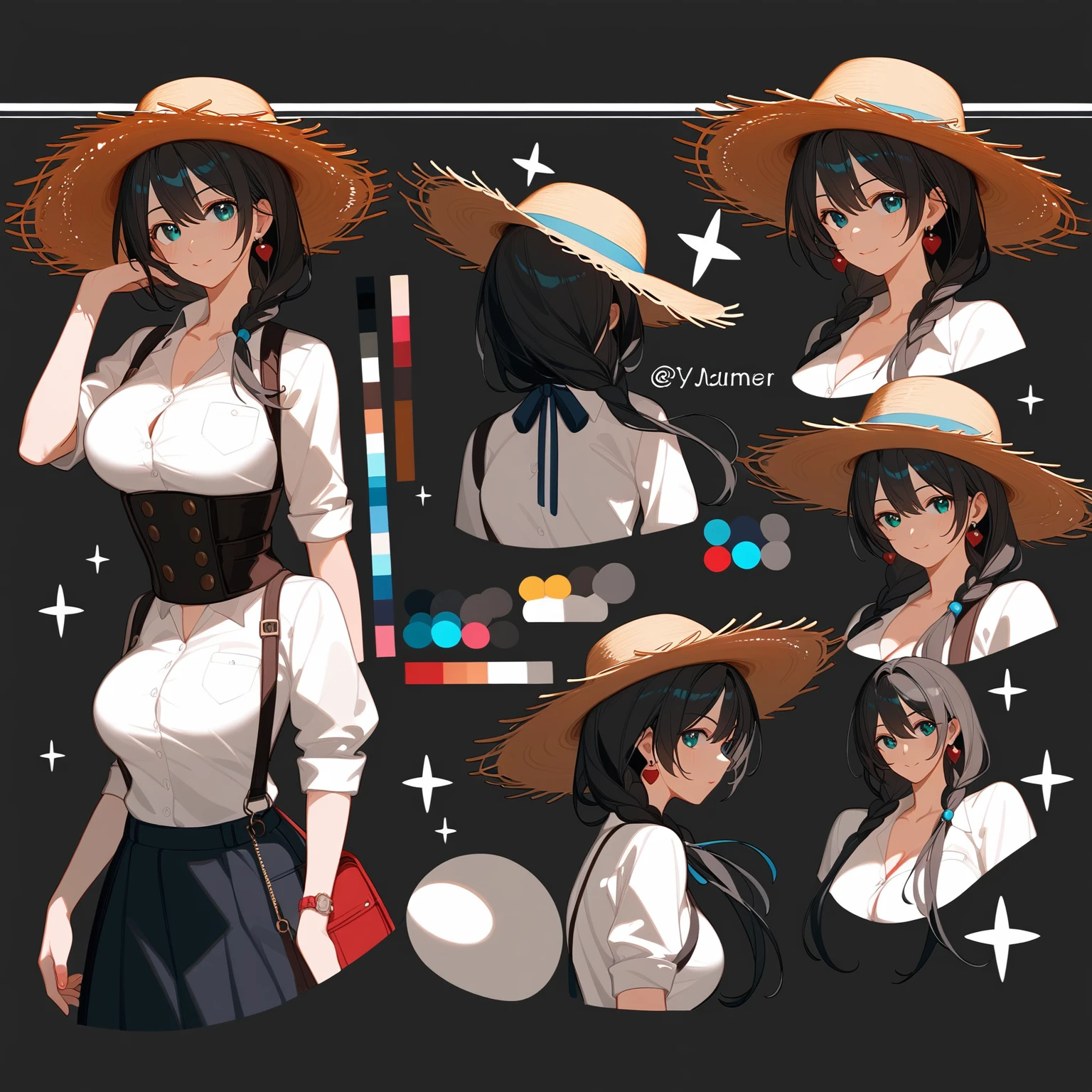 Highest quality, Ultra-detailed CG Unity 8k Wallpaper, Beautiful details、kind、Straw hat、older sister、Black Hair、Large Breasts、Droopy eyes、Tolerant、summer、田舎のolder sister、whole body画、Front view、Character Sheet、Mr.々A pose、Video game character design、whole body、Game setting materials、one piece、Character portrait、Standing posture