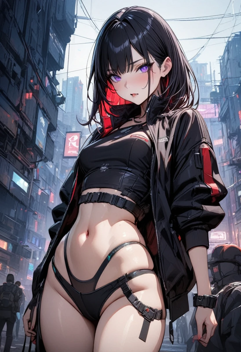 Young girl with black hair, red highlights, purple eyes, cyberpunk navel-baring outfit, high-quality masterpiece, long legs