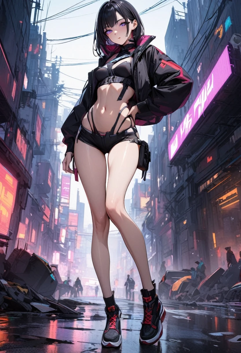 Young girl with black hair, red highlights, purple eyes, cyberpunk navel-baring outfit, high-quality masterpiece, long legs