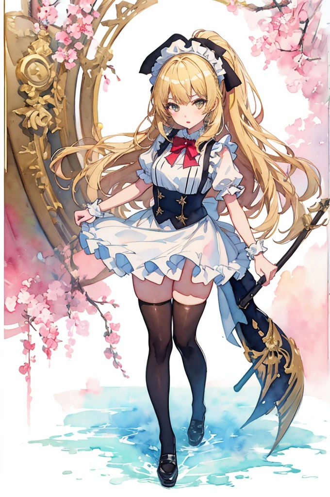 ((sketch)), ((watercolor)),((Highest quality)) ((Highest quality)), ((masterpiece)), (detailed), High resolution, 非常にdetailedな, 4K images, Anime Style, Beautiful age girl, 13 yarly white skin, Blonde braided ponytail hair, Lovely and cute face, golden brown eyes, White French maid uniform, black sheer stockings、plump thick lips, Small breasts, Slim and toned body, Tall(180cm), Narrow waist, Wide and curvy hips, Plump big round ass, Full body photo