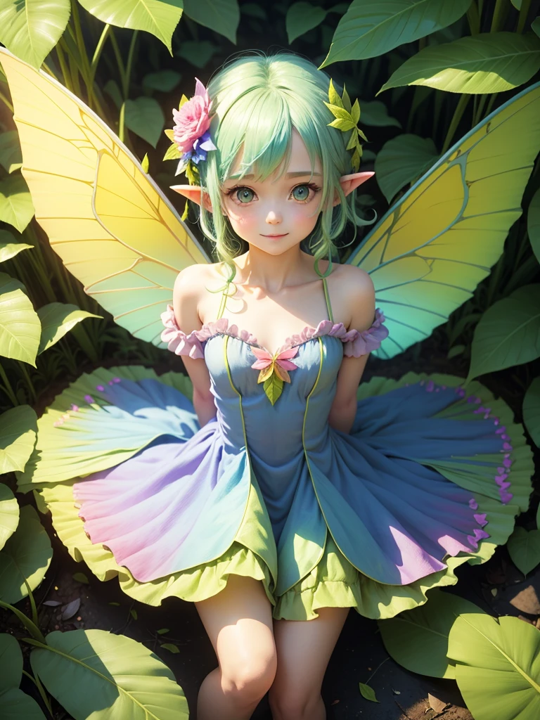 cute little Fairy, blue butterfly, yellowgreen hair, pink eyes, yellowgreen dress pointy ears dress made of petals leaves forward leaning posture leaf fairy flower clothes made of leaves thin wings gently smiling big leaf