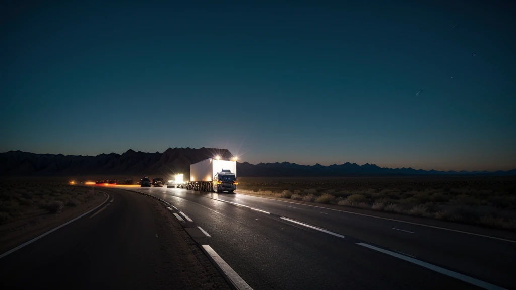 truck stopped on the highway in the desert on a very dark night