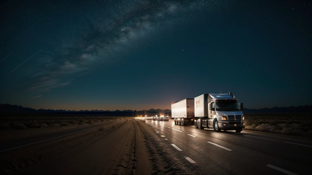 truck stopped on the highway in the desert on a very dark night