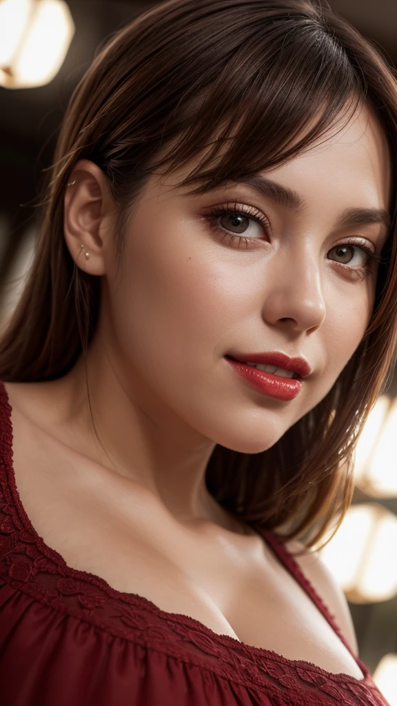((30 years old girl)), (wearing red dress : 1.4), (in a bar), (night time), (((gigantic size breasts, cleavage))), (hourglass figure), lipstick, photorealistic, masterpiece, realistic, realism, photorealism, high contrast, photorealistic, 8k HD high definition detailed realistic, detailed, skin texture, hyper detailed, realistic skin texture, best quality, (photorealistic:1.4), high resolution, detailed, raw photo, photo realistic, (high detailed skin:1.2), 8k uhd, dslr, soft lighting, high quality, film grain, Fujifilm XT3), hyper realistic lifelike texture dramatic lighting unreal engine, even, neutral light, key light, bold, bright colours, daylight, (balanced saturation), (dynamic lighting), (natural lighting), ((soft red lipstick)), (natural makeup), ((ginger hair)), ((glossy skin)), (colorful lighting), (smile: 1.2), ((low angle photoshoot : 1.7))