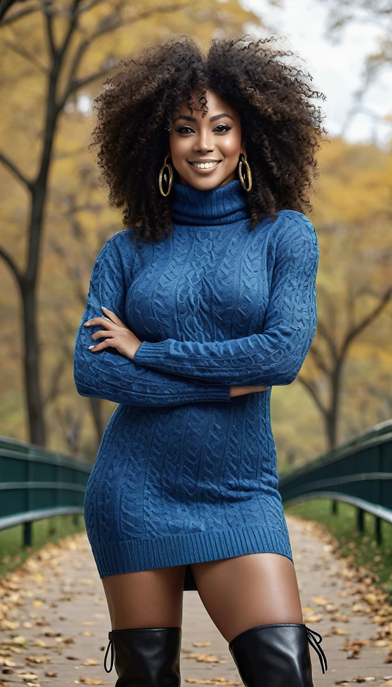 (art), HYPER REALISTIC Photo, ((extremely detailed)), high quality, best quality, Charm, (1 BLACK WOMAN, Alone), beautiful, Best lighting, muscular, Mature BLACK Woman, perfect body, looks at the viewer, Maternal, shiny skin, oily skin, seductive and sexy smile, big chest, huge chest, big chest, shiny skin, (((black eyes))), black eyes, curly hair, (((Long afro hair, long hair and curly afro with armed ))), ((Mini turtleneck sweater dress, blue dress))), (((high boots, long boots for women))), thick legs, thick thighs, ((thick legs) ) ((thick thighs))Morning, outdoors, ((central practice)), ((beautiful central park)) , realistic central park, detailed background, ultra detail, 8K, high realism, high resolution, best resolution , detailed hand, detailed anatomy, body detail, (high detail), detailed arms, (high detail fingers), best proportions, (intricate detail), (Portrait), best photos, HDR, DSLR, fix, adjust, colors , ((realistic)), ((photorealistic)), enhance, Detail pose, perfect pose, best proportion pose, soft light, natural light , detailed light, professional, amazing, slender, narrow waist, thick thighs, (in standing), ((from the front)), vivid, full body, realistic pose, realistic appearance, best appearance, sexy pose,