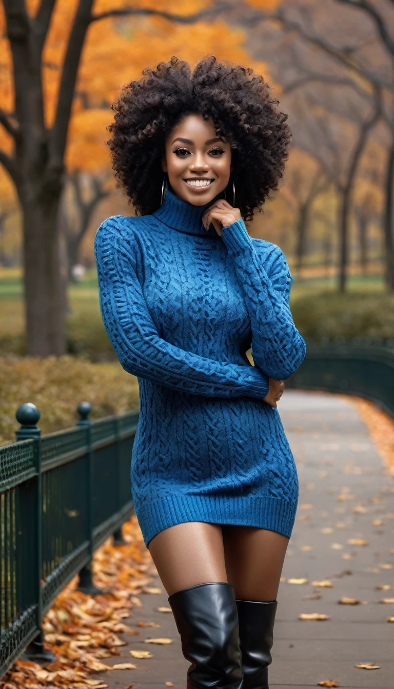 (art), HYPER REALISTIC Photo, ((extremely detailed)), high quality, best quality, Charm, (1 BLACK WOMAN, Alone), beautiful, Best lighting, muscular, Mature BLACK Woman, perfect body, looks at the viewer, Maternal, shiny skin, oily skin, seductive and sexy smile, big chest, huge chest, big chest, shiny skin, (((black eyes))), black eyes, curly hair, (((Long afro hair, long hair and curly afro with armed ))), ((Mini turtleneck sweater dress, blue dress))), (((high boots, long boots for women))), thick legs, thick thighs, ((thick legs) ) ((thick thighs))Morning, outdoors, ((central practice)), ((beautiful central park)) , realistic central park, detailed background, ultra detail, 8K, high realism, high resolution, best resolution , detailed hand, detailed anatomy, body detail, (high detail), detailed arms, (high detail fingers), best proportions, (intricate detail), (Portrait), best photos, HDR, DSLR, fix, adjust, colors , ((realistic)), ((photorealistic)), enhance, Detail pose, perfect pose, best proportion pose, soft light, natural light , detailed light, professional, amazing, slender, narrow waist, thick thighs, (in standing), ((from the front)), vivid, full body, realistic pose, realistic appearance, best appearance, sexy pose,