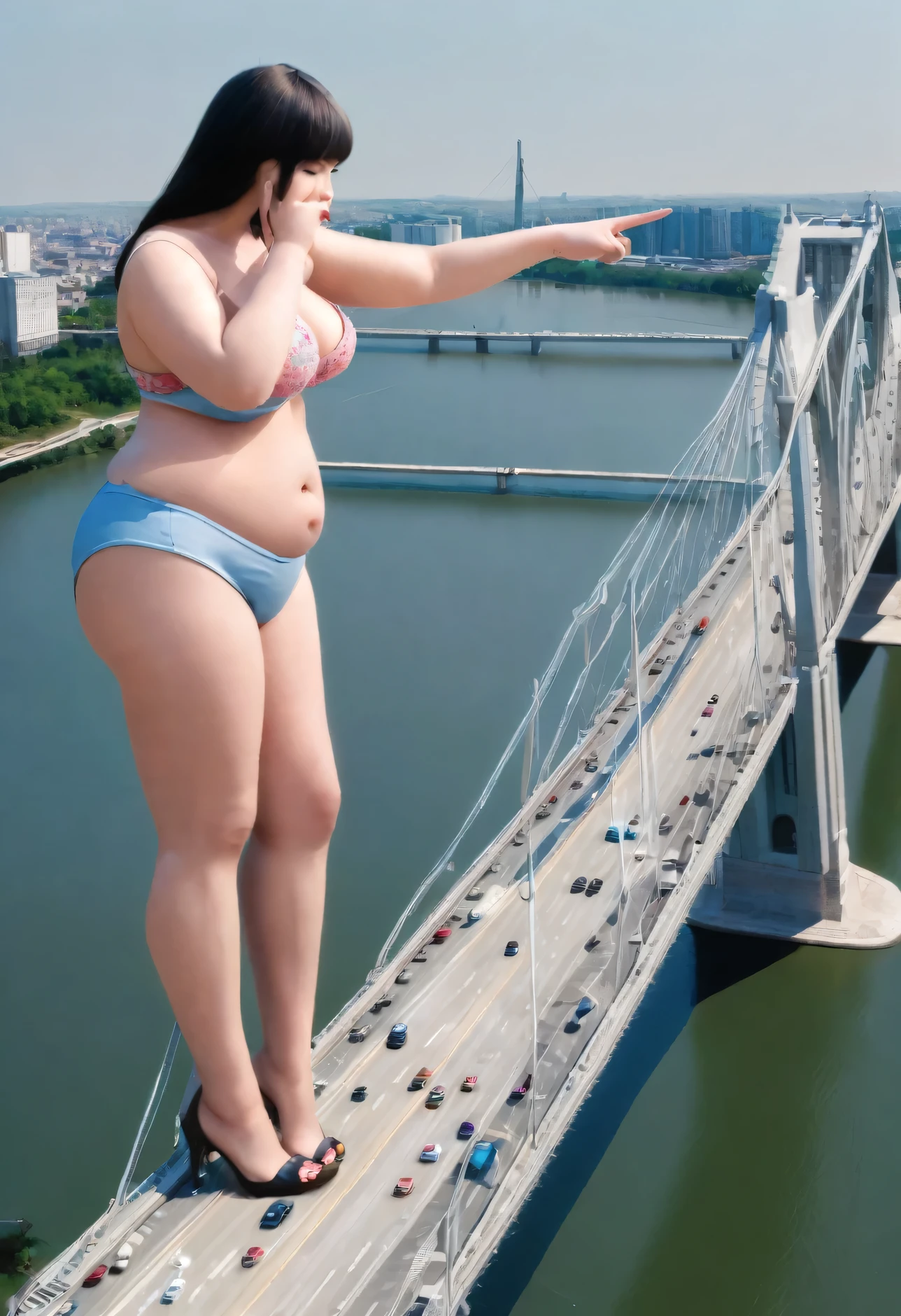 Giant 22 yeras old curvy girl standing on the wide river, she is look at bridge and touch the bridge with her finger.