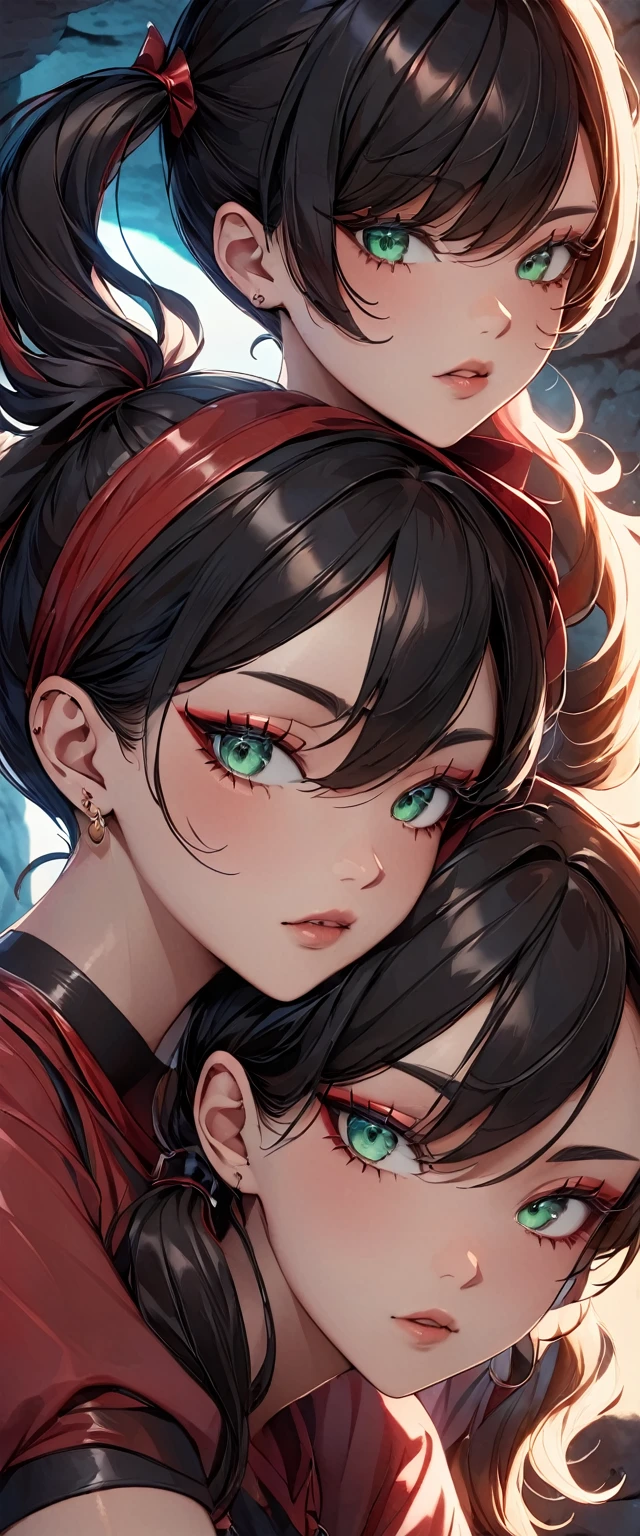 Photos of people with natural skin, Baby Face, Crossdresser, A person who mainly wears black and red, Upper Body, Seaside cave, The light is shining in, High Twintails, Black hair with red mesh, Sharp eyes with red eyeshadow, Blue-green eyes, Shining eyes, A thin, upturned nose, Well-shaped lips, ((crop top overhang, Thighs)), Makeup, Exquisitely crafted with the utmost attention to detail, Vibrant, amazing, Smooth, Cinematic, 4K, Backlight, (()), Shallow depth of field, ((Detailed eyes:1.3, Detailed lips:1.3, high quality, )), masterpiece, Super detailed images, High quality