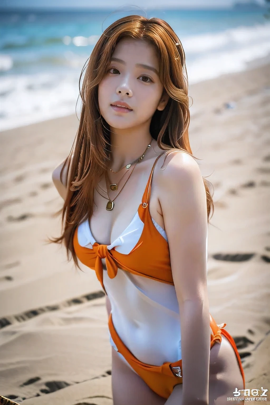 (Worried about your hair at the beach in midsummer:1.5)、(Troubled face:1.5)、(18-year-old female:1.5)、(The best quality at its best:1.4), (Super detailed), (Very detailed CG unified 16k), Beautiful woman with perfect figure: 1.4, Sharp focus: 1.2, Very detailed, High-quality RAW color photos, Professional photography, Great face and eyes, cosmetics, (Amazingly beautiful girl), ((Cute Swimsuit:1.5)), Realistic movie faces, Bust-up zoom shot, Realistic, ((Realistic natural orange red hairstyle)), ( Semi-long hair:1.5), (necklace:1.5)、, Very beautiful face, Perfect model beauty, Mouth swelling, Highly detailed face and skin texture, Fine grain, double eyelid, Medium chest, (masterpiece), Highest quality, High resolution, Very detailed, Blurred Background, Depth of written boundary, Cinema Lighting, Great legs, , Clear, well-maintained skin,