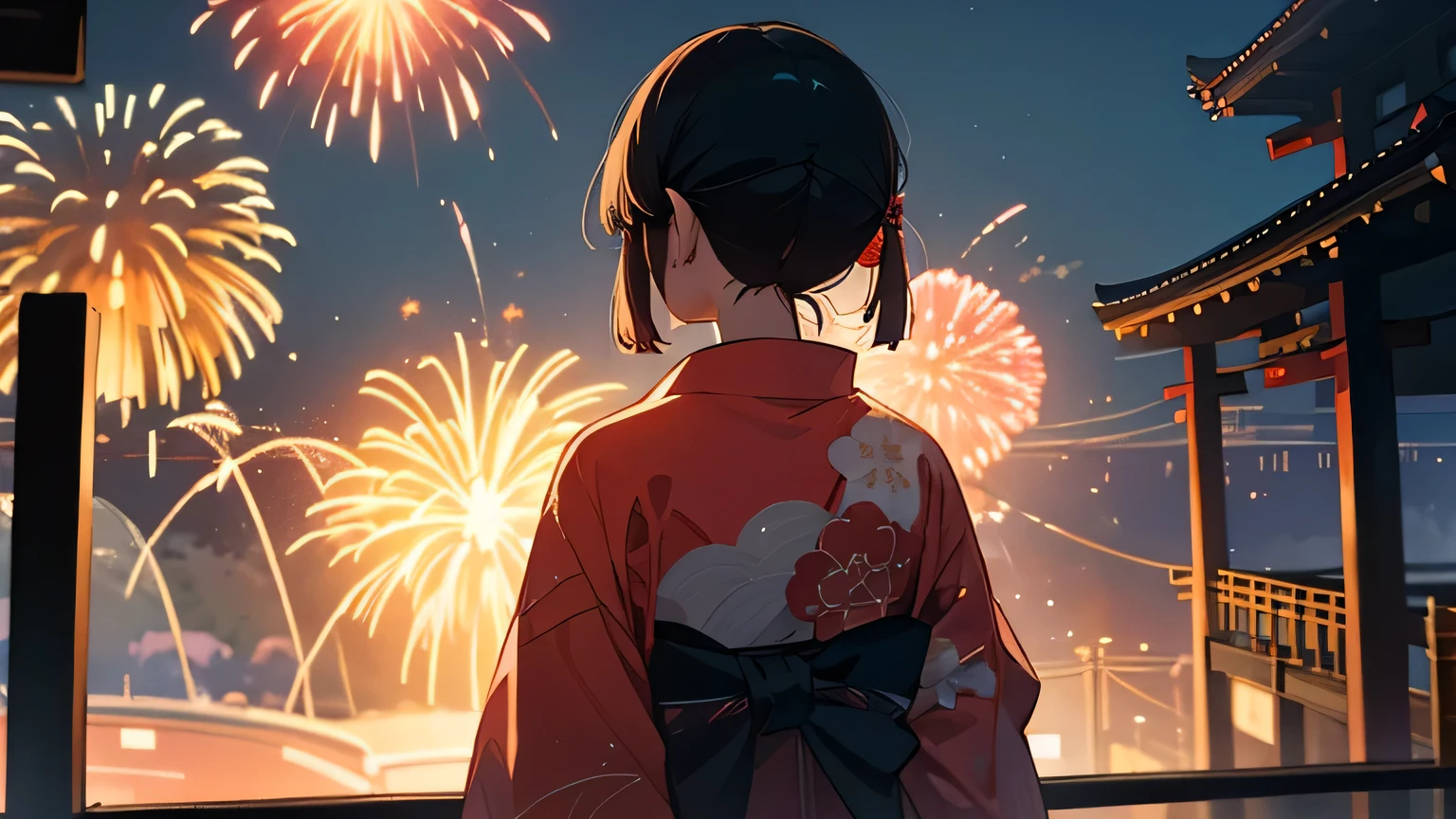 summer night, japan street, kimono, japanese girl, back view, fireworks