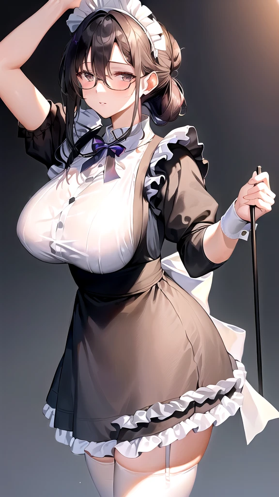 {{masterpiece}},high quality, 4K, 2D,1 girl,{simple gray background},(45 year old woman,mature female:1.5),standing,(sagging breasts:0.4),(gigantic breasts:1.3),(maid:1.5), black hair,(chignon:1.2),1 braid,impossible clothes, {from right in front of face and body},{front facing shot},Wear glasses,(curtsy:1.5)