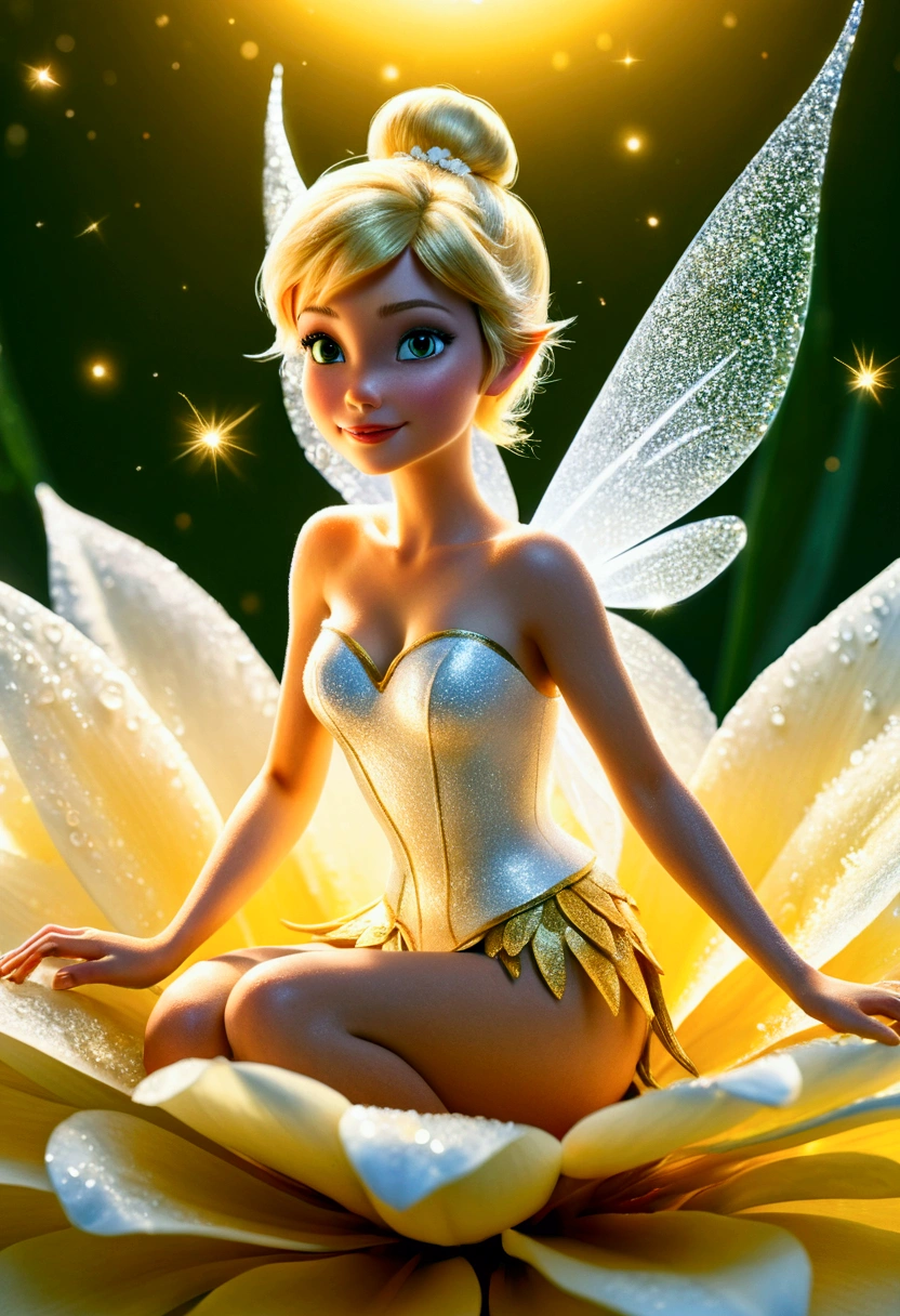 Illustration, ( bright resolution, Sitting on a large flower petal covered in fresh morning dew on a clear day, Tinkerbell in fluorescent white and gold_Upper body close-up angle ), A variety of small flowers and plants made of light, Ultrafine particles shining in the air_Mysterious background with small particles of natural light emitting light, ultra high resolution, 8k, Very detailed details, Product detailed image, surreal photo, the greatest masterpiece:1.2, A shining aura spreading in the air,