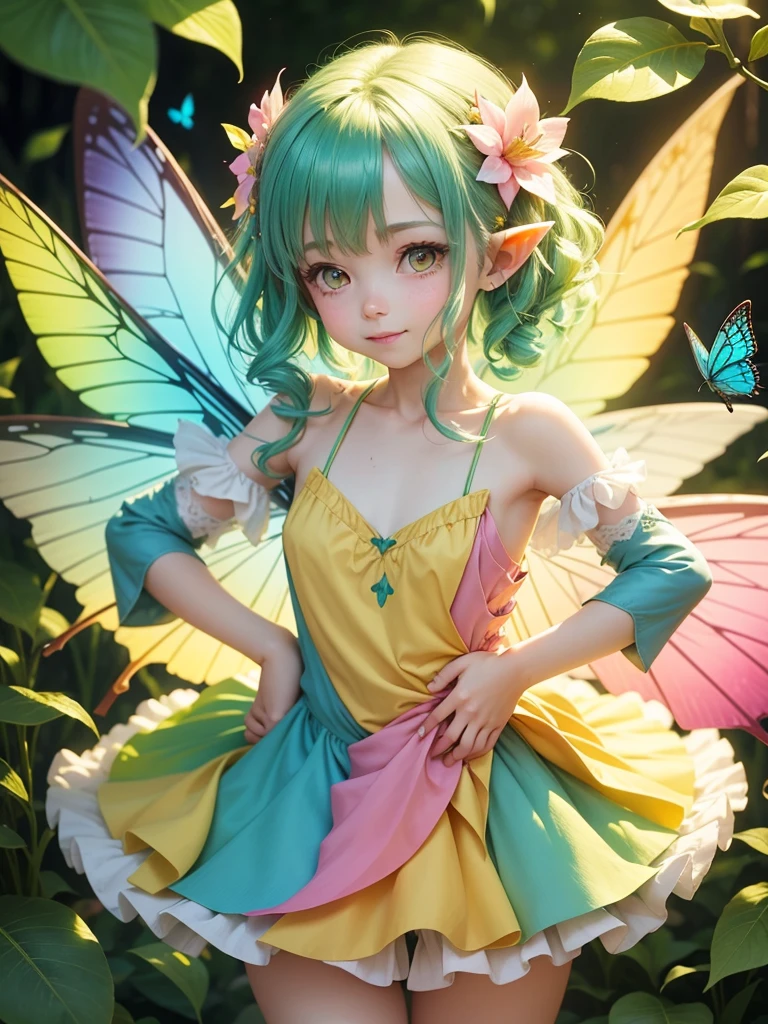 cute little Fairy, blue butterfly, yellowgreen hair, pink eyes,  yellowgreen dress pointy ears dress made of petals leaves forward leaning posture leaf fairy flower clothes made of leaves thin wings gently smiling big leaf