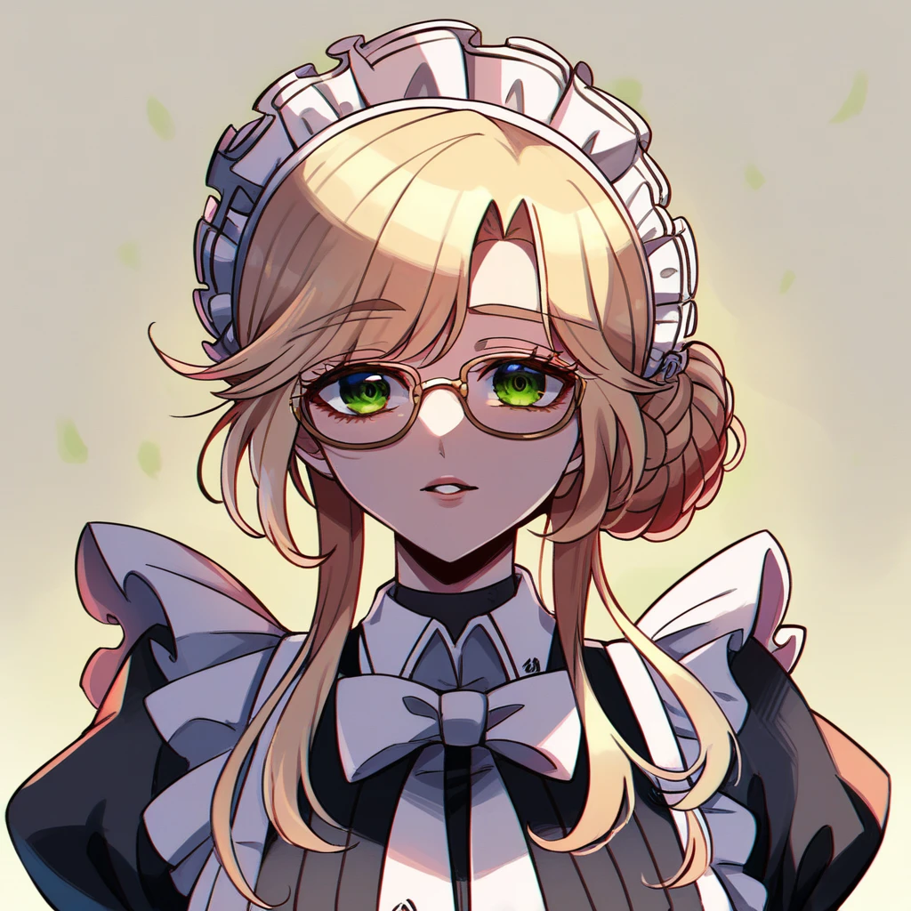 singeki_no_kyojin_s4_style, ade, green eyes, glasses, blonde hair, bangs, braid, hair bun, maid, maid headdress, white bow, juliet sleeves, puffy sleeves, frills, large breasts,looking at viewer, 