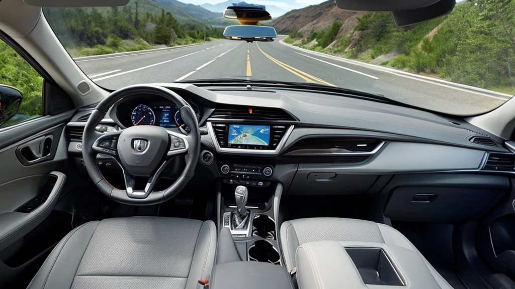 Generate a GPS concept image showing a car driving on a road with GPS navigation, accurately pinpointing its current location. The overall style should be clean and refined, emphasizing the precision and innovation of positioning technology. The design should include digital grids and high-tech icons to showcase the innovation and accuracy of navigation technology. No text on the image, and the photo style should be natural, minimalist, sci-fi, bright, with natural colors.